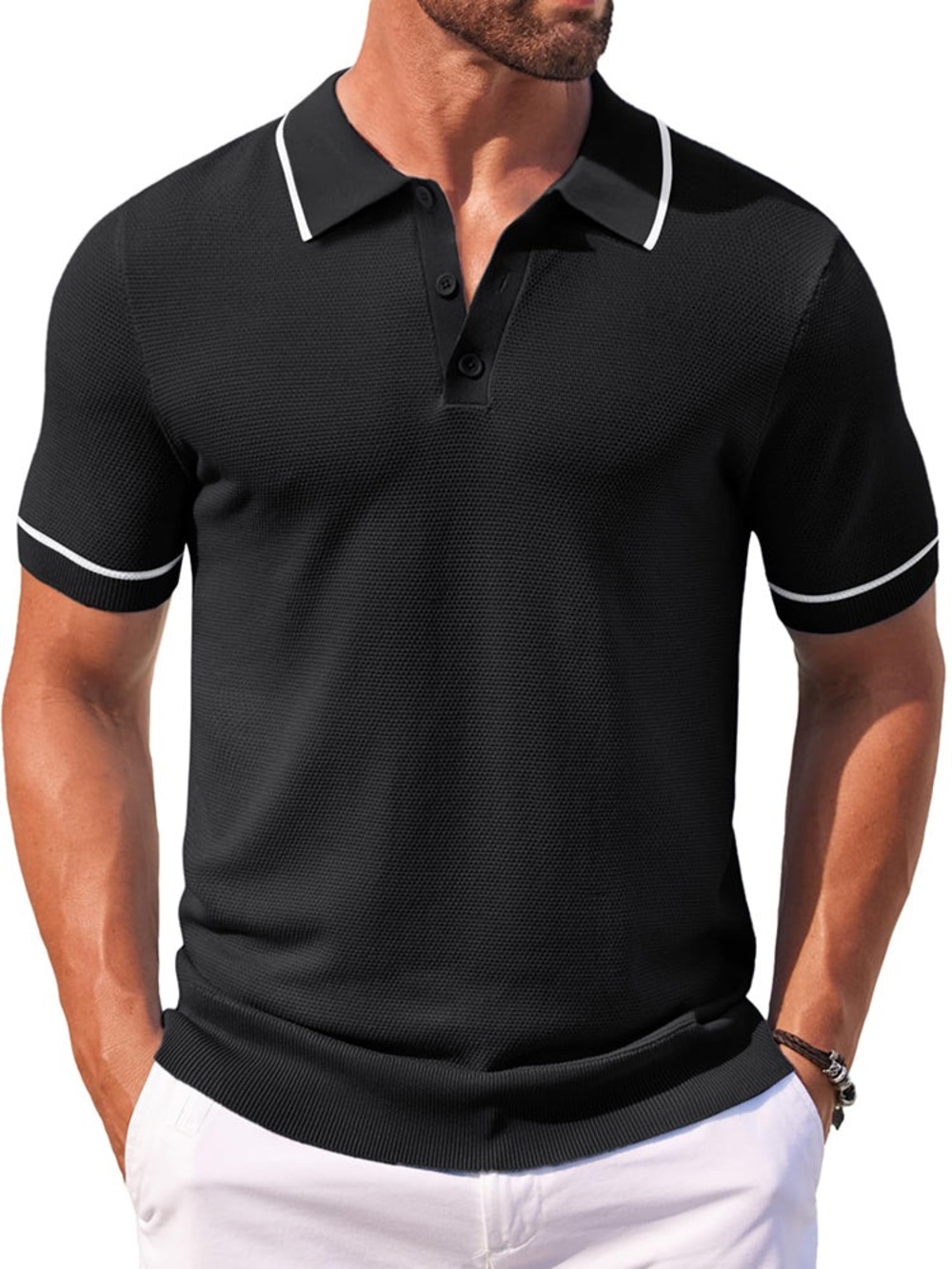 COOFANDY Men’s Black Knit Polo Shirt White Trim Short Sleeve Size XXL